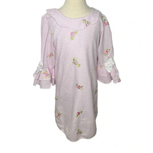 Rare Editions pink seersucker floral embroidered bell sleeve dress sz 12